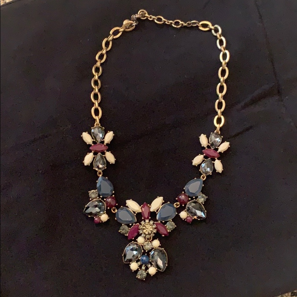 J. Crew Gold Chain Statement Necklace with Blue, Burgundy, and Cream Stones